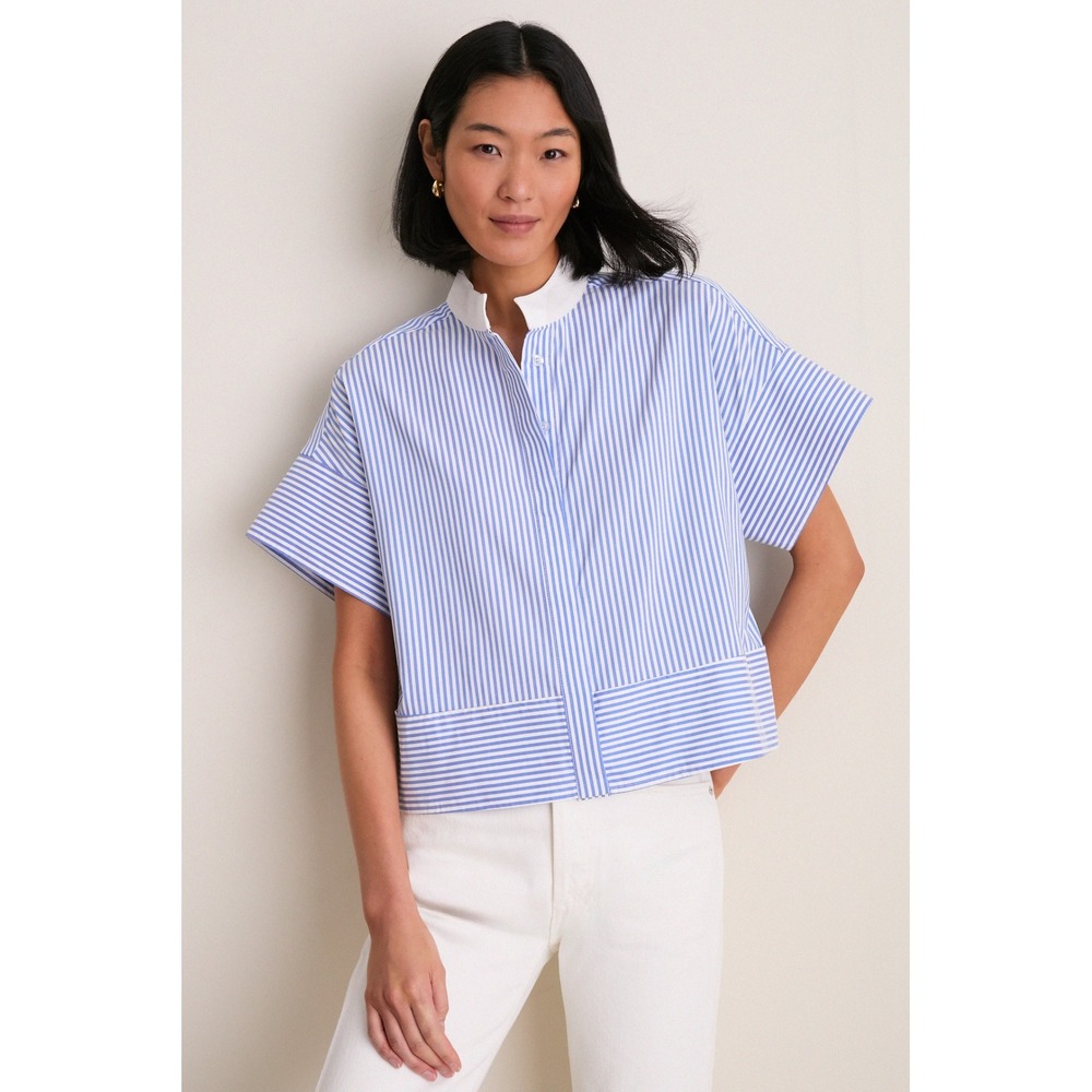 Tuckernuck Button Down Top Blue White Striped Mandarin Collar Short Sleeve B1453